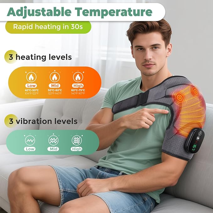 Shoulder Heating Pad with Massage, Cordless Shoulder Heating Pad, Shoulders Massager for Pain Relief, Left Right Heated Shoulder Wrap for Rotator Cuff & Shoulder Brace Support