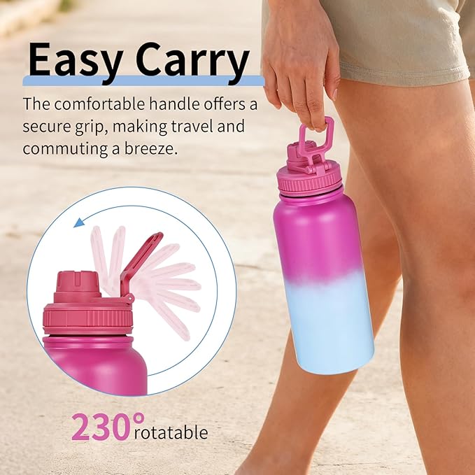 Motivational Water Bottle 32oz with Time Marker- Leakproof & BPA Free Sports Water Bottle with Straw & Carry Strap for Gym, Travel and Outdoor Sports (Stainless steel insulation-PurpleBlue)