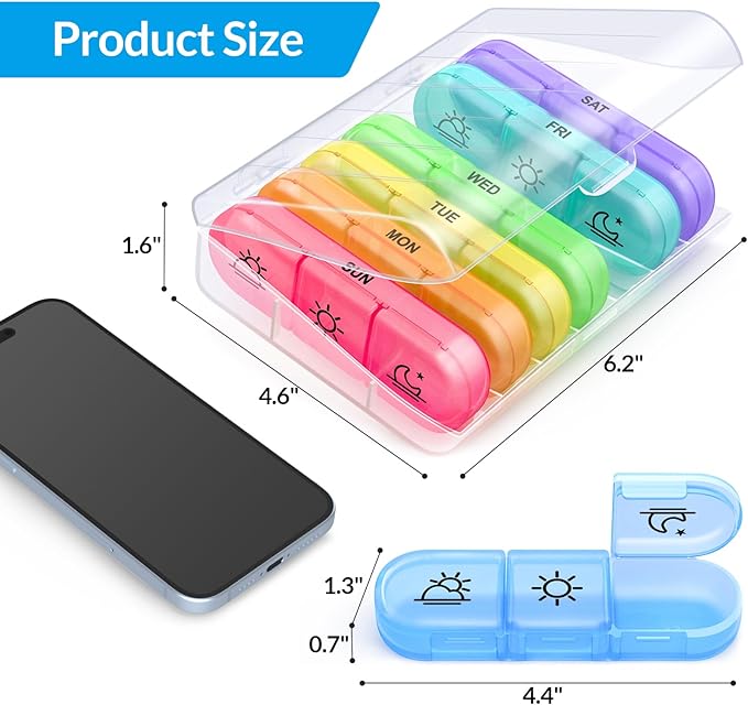 ZIKEE Weekly Pill Organizer 3 Times a Day, Compact Pill Box 7 Day with Roomy Pill Case and Sturdy Design for Managing Your Vitamins, Fish Oils, Supplements and Medications