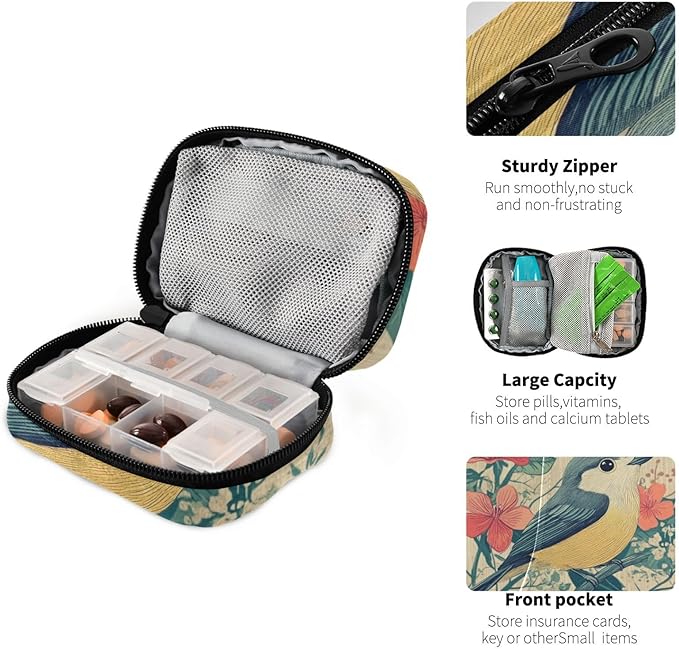 Travel Pill Case Bird and Blooming Flower Weekly Small Pill Box 7 Day Pill Box Pill Organizer Bag