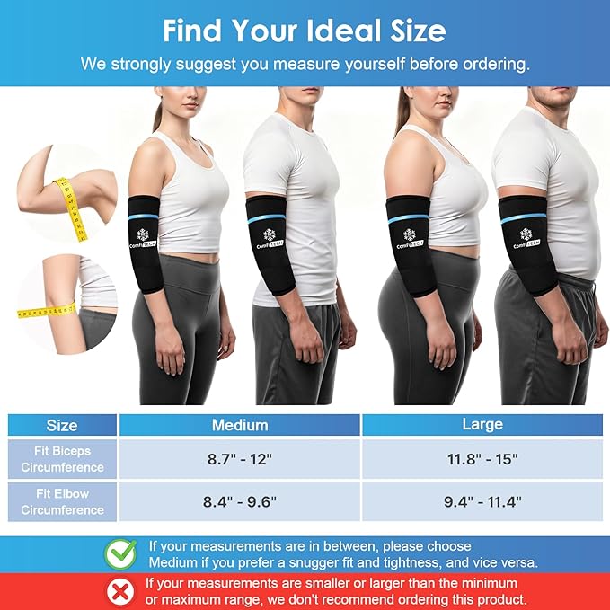 ComfiTECH Dual-Gel Elbow Ice Pack Wrap with Extended 30-Minute Cooling, Detachable Ice Pack & Flexible Reusable Gel Ice Sleeve for Tennis Elbow, Golfer Arm, Muscle Relaxation, Medium, 2 Packs