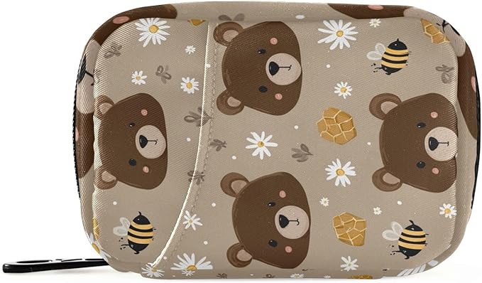 Brown Bear Bees Honey Travel Pill Organizer Case Box Container Weekly Portable Vitamin Medicine Holder Storage Bag with Zipper Removable