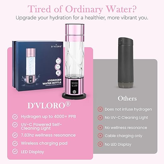 Wellness Frequency Hydrogen Bottle - Up to 4000+ PPB with UV Light Cleaning Technology and Wireless Charging Pad - Electric Water Bottle - Featuring 10 OZ Portable Capacity - SPE PEM Tech
