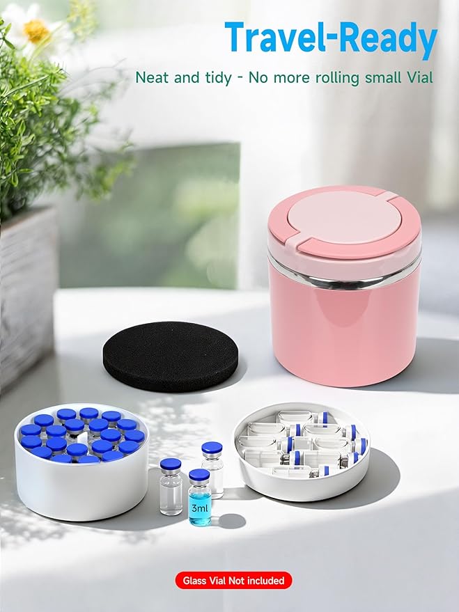 3ml Peptide Case for Fridge Vial Inserts with 22oz Food Jar, Peptide Fridge Case/Peptide Travel Case TSA Approved, Holds 28 Vials, Peptide Storage - Fridge/Travel Safe (Pink Jar and White Insert)