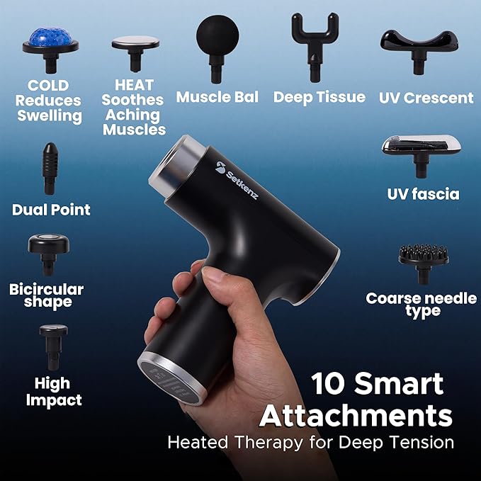 Massage Gun with Heat and Cold Head – Deep Tissue Muscle Massager for Pain Relief – 10 Heads – Quiet, Portable, Hot & Cold Therapy – Full Body Recovery for Athletes & Professionals