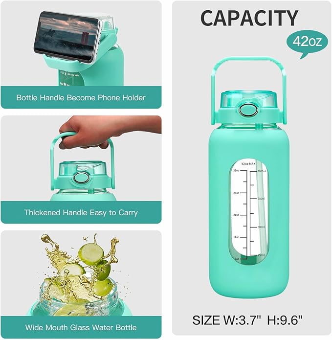 42oz/52oz/64oz Glass Water Bolttles with Straw Half Gallon Large Motivational Water Bottle with Time Marker Sports Water Bottles with Silicone Sleeve and Handle Lid Water Jug for Gym Workout
