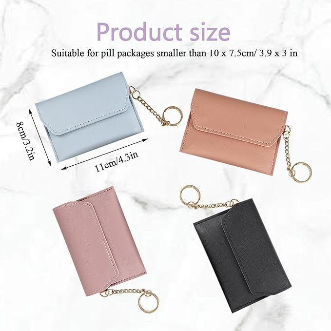 4Pcs Birth Control Pill Case Holder, PU Leather Birth Control Case Sleeve Wallet with Snap and Keyring, Privacy Protection Contraceptive Medicine Holder Keychain