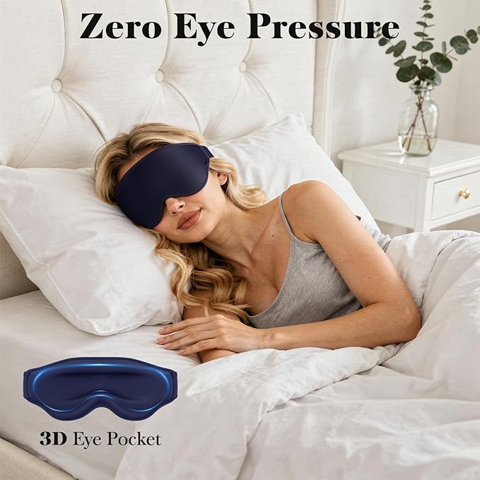 3D Eye Mask Sleep Mask for Men & Women, 100% Pressure-Free & Light Block-Out Eye Mask for Sleep with Easy Adjustable Strap, Night Eye Cover for Travel, Blue