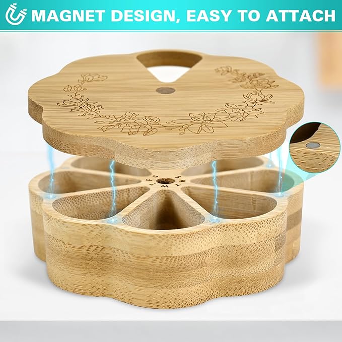 Bamboo Wood Weekly Pill Organizer for Medicine Vitamin 7 Day Round Scalloped Magnetic Pill Box Holder Flower Shape Aesthetic Tablet Box Compartments Container Portable