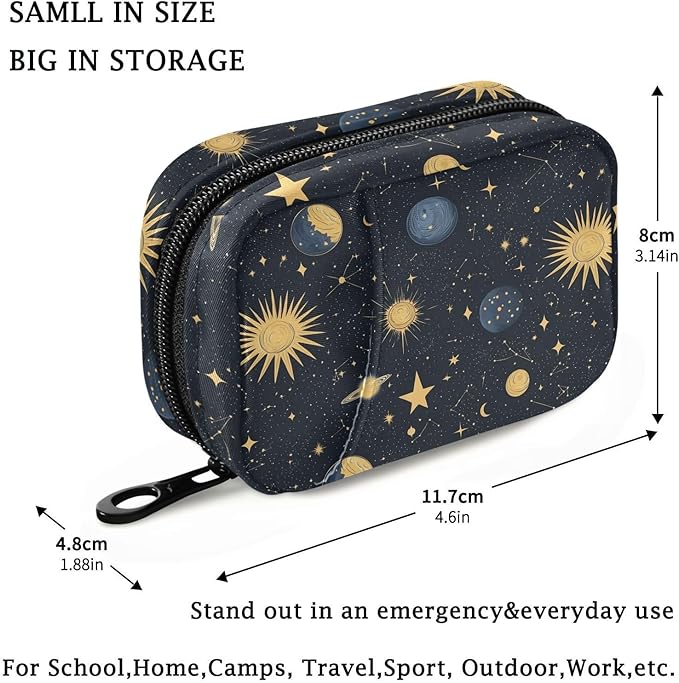 Fustylead Cosmic Space Background with Sun Moon Star Planet Travel Pill Case Bag with Zipper Weekly Pill Box 8 Compartments 7 Day Personal Pill Case Purse Medicine Case Organizer