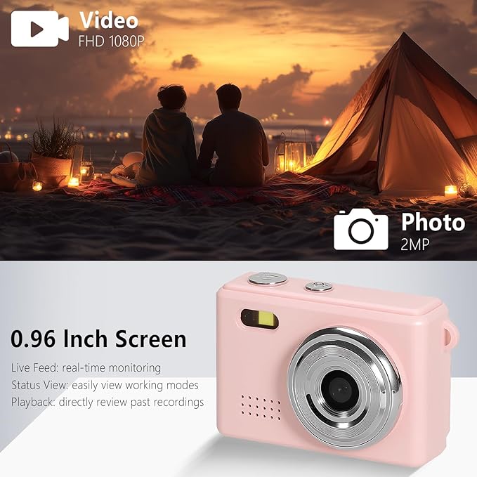 Mini Keychain Camera, FHD 1080p Mini Digital Camera with 32GB SD Card, Flash, 6 Creative Filters, 0.96" HD Display, 100 Mins Battery Life for Travel Recording Birthday Gifts (Modern, Pink1)