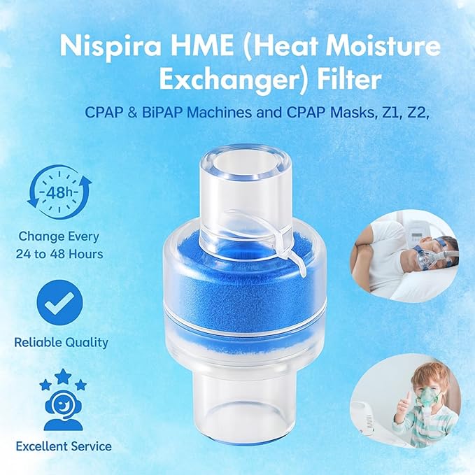 6 Nispira HME Heat Moisture Exchanger Filter in-Line Humidification Solution Unit for CPAP biPAP Machine & Mask, Z1, Z2, Dreamstation, Individually Sealed Packaging