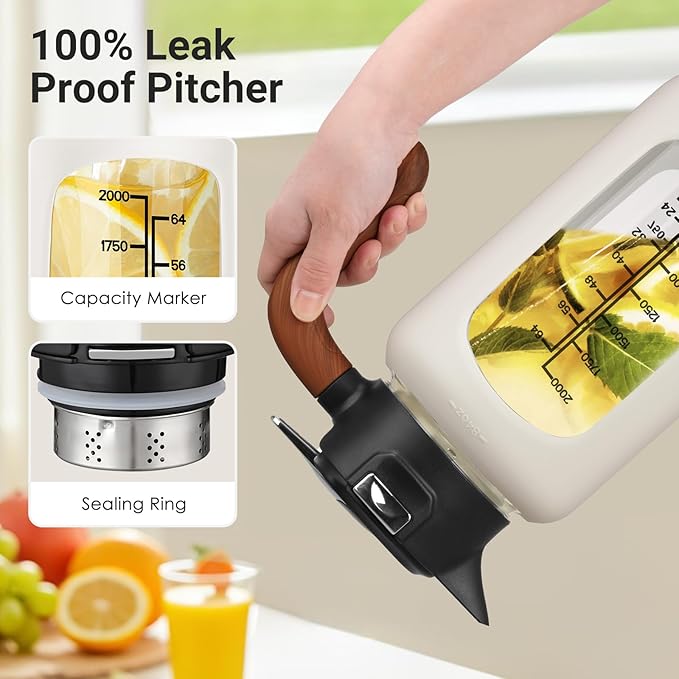 84 oz Glass Pitcher with Lid and Handle- Borosilicate Glass Water Jug/Carafe for Hot & Cold Beverages, 2.5L Large Pitcher with Silicone Sleeve & Wide Mouth, Fridge Safe for Iced Tea, Coffee, Juice