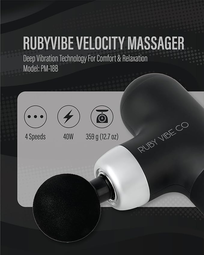 RUBY VIBE CO Velocity Massage Gun, Deep Tissue Percussion, Muscle, USB-C Rechargeable, Plastic, Black, 4 Speed Levels, Handheld Massager, 1.8"x5.8"x3.4",12.7 oz