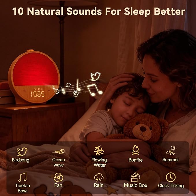 Vivilumens Wood Grain Sunrise Alarm Clock, Gentle Wake-Up Light Sound Machine, Dual Alarms for Heavy Sleepers, Natural Sounds, RGB Mood Light, Dimmable Bedside Night Lamp, Ideal for Bedroom & Gifts