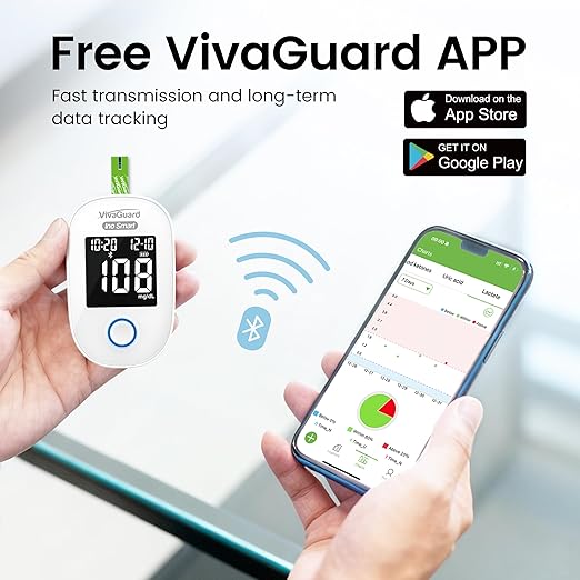 VivaGuard Ino Smart Blood Glucose Monitor Kit with Free App, Bluetooth and Rechargeable Blood Glucose Meter with 100 Strips & 100 Lancets, Travel Portable Blood Sugar Diabetes Testing Kit, No Coding