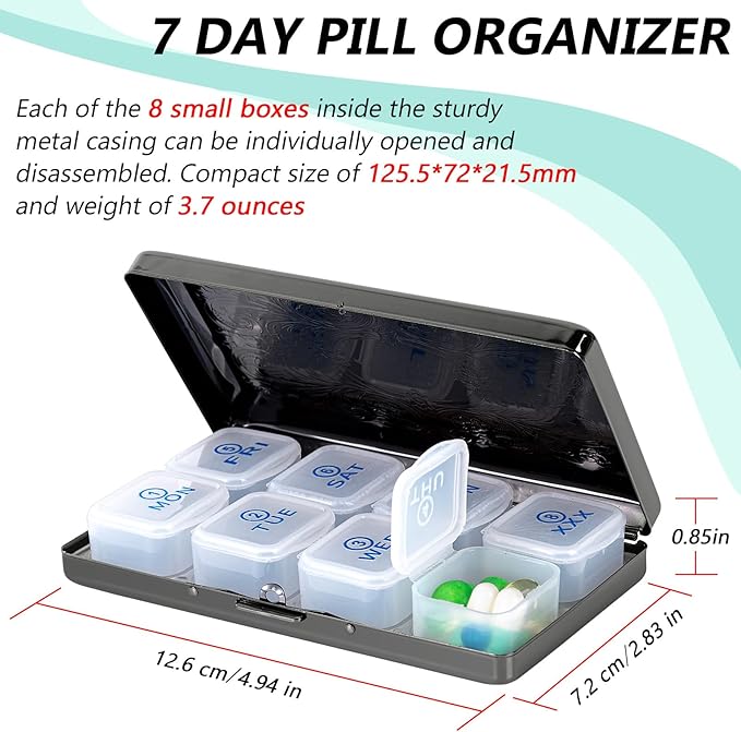 Pill Organizer 7 Days 8 Compartments, Travel Metal Pill Box, BPA-Free Portable Pill Box (Pattern Black, Large)