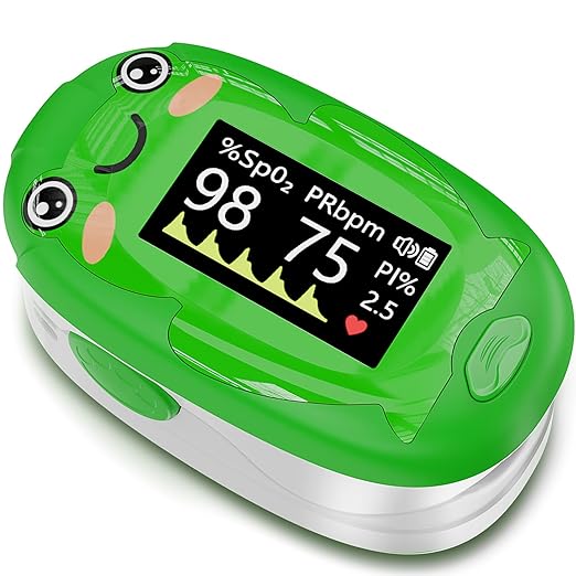 Pulse Oximeter for Kids, Adorable Animal Children Oxygen Monitor Fingertip with 20 × Memory, 4 Color OLED Display Blood Oxygen Saturation Monitor with Alarm, Batteries and Lanyard (Green)