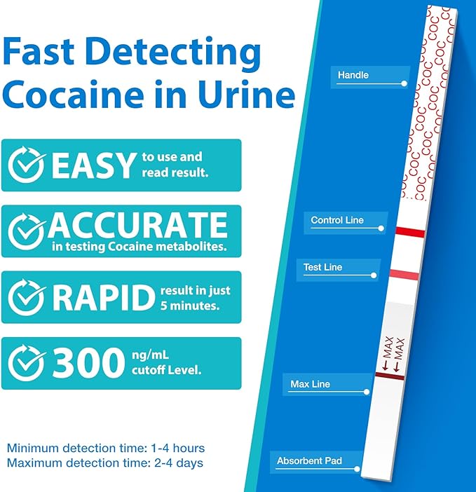 Areta Cocaine Test Strips: Instant Urine Drug Test for Cocaine 5 Pack, OTC Use, COC Coke Crack Home Detection Kit, 300 ng/mL Cutoff, Result in 5 Min -#ASCOC-114