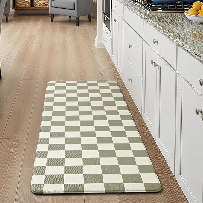 Beige Sage Checkered Grid Checkerboard Kitchen Rug Sets [2 PCs], Anti-Fatigue, Waterproof Non-Slip Kitchen Mats Heavy Duty Comfort Foam Rug for Kitchen, Floor, Laundry,17"x47"