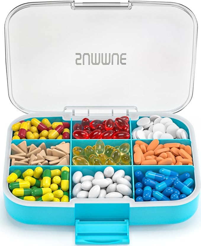 Large Pill Organizer, 9 Compartments Portable Travel Pill Box Case Moisture Proof, XL Pill Container Holder for Vitamins, Cod Liver Oil, Supplements, Medication (Blue)