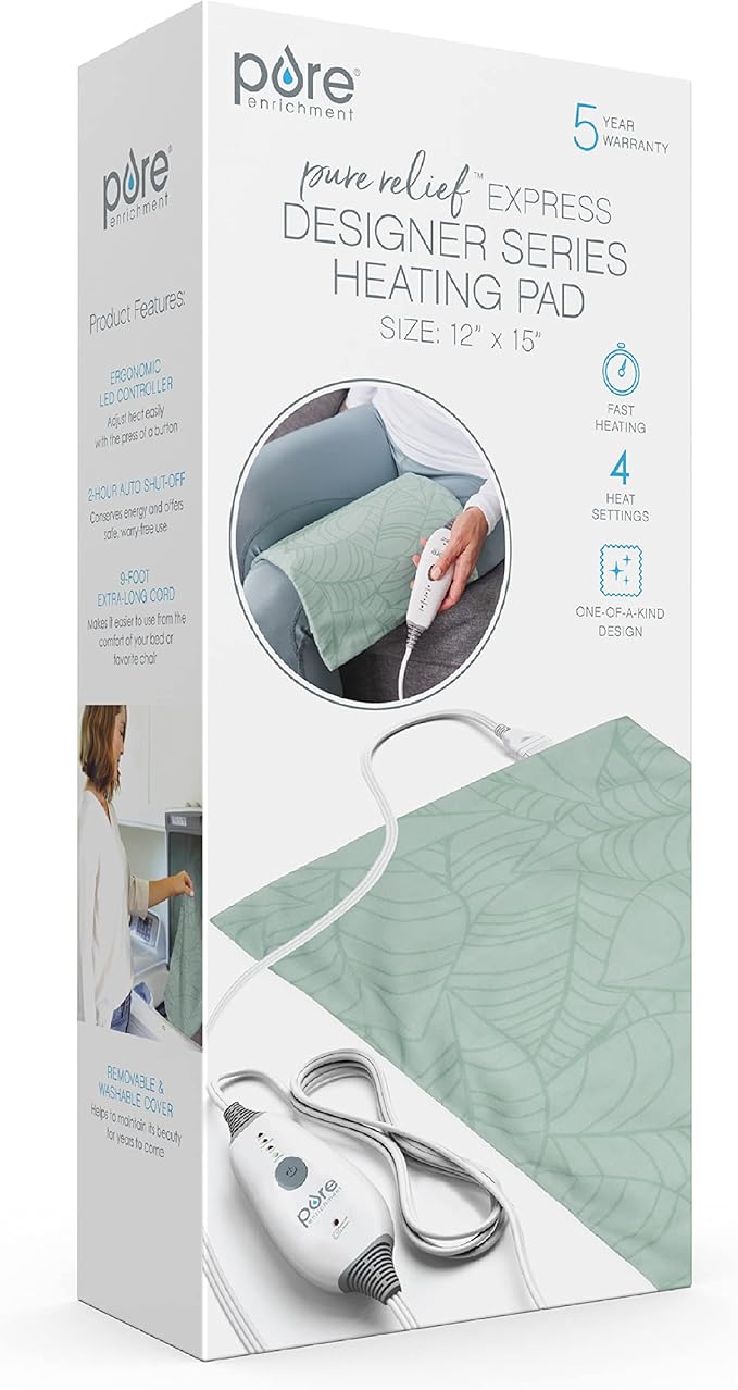 Pure Enrichment PureRelief Express Designer Series Electric Heating Pad - 12” x 15” Fast-Heating with 4 Heat Settings, Machine-Washable Fabric, & 2-Hour Auto Safety Shut-Off - Laurel Leaves