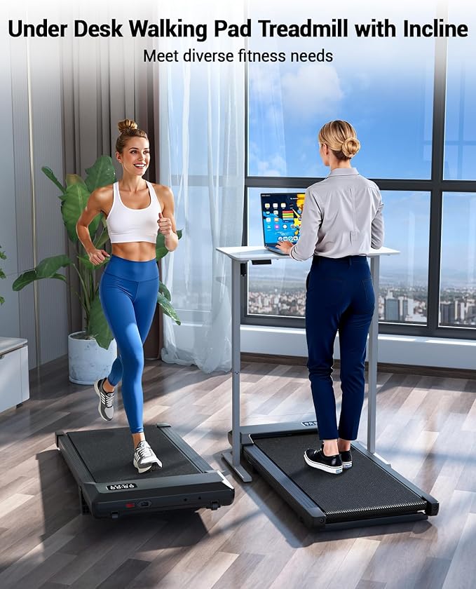 DeerRun Walking Pad Under Desk Treadmill with Incline, Quiet & Space-Saving Design for Home Office, 300 lbs Capacity, 0.6-3.8 MPH, App & Remote Control