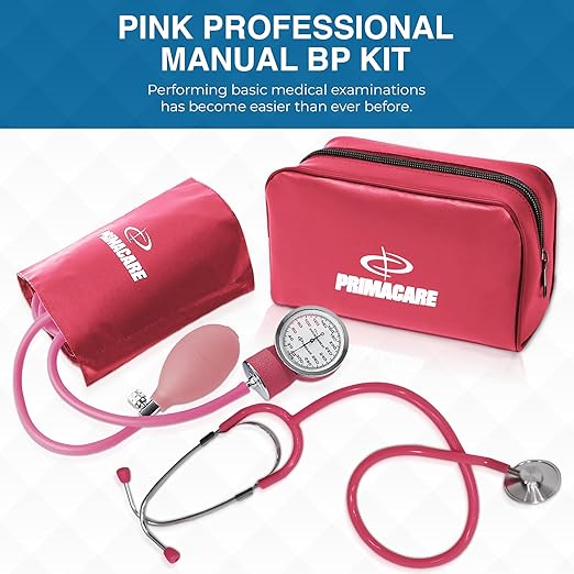 PrimaCare Medical DS-9197-PK Professional Classic Series Manual Adult Size Blood Pressure Kit, Emergency Bp kit with Stethoscope and Portable Leatherette Case, Nylon Cuff, Pink