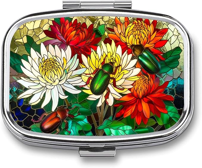 Beetles Scarabs and Flowers Pill Box 2 Compartment Floral Stainless Glass Portable Medicine Pill Case Travel Pill Organizer for Pocket Purse