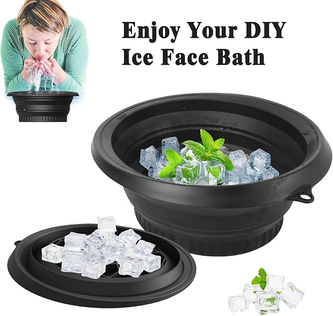 Large Silicone Bowl for Face Ice Bath with Built-In Icetray, Foldable and Hanging Design for Easy Storage and Carrying, Dipping Face Ice Bath at Home and Travel (Black)