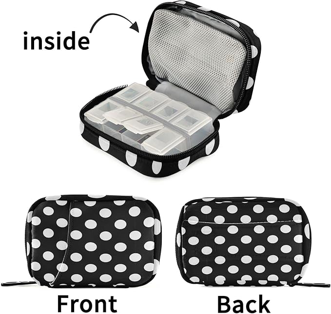 Polka Dot Black Pill Organizer Case Modern 7 Day Travel Pill Box with Zipper Portable Weekly Vitamin Medicine Supplement Holder Pouch Bag
