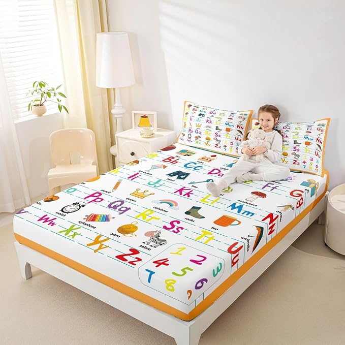 ABC Alphabet Bed Sheet Set Full Size, Cute Educational Learning Tool Fitted Sheet for Kids Toddler Cartoon Animal Bedding Set Learning Educational Bed Cover Lightweight Bed Set (No Flat Sheet)