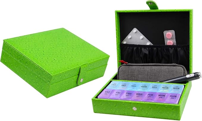 Leather 7 Day AM/PM Pill and Medication Organizer (Green)