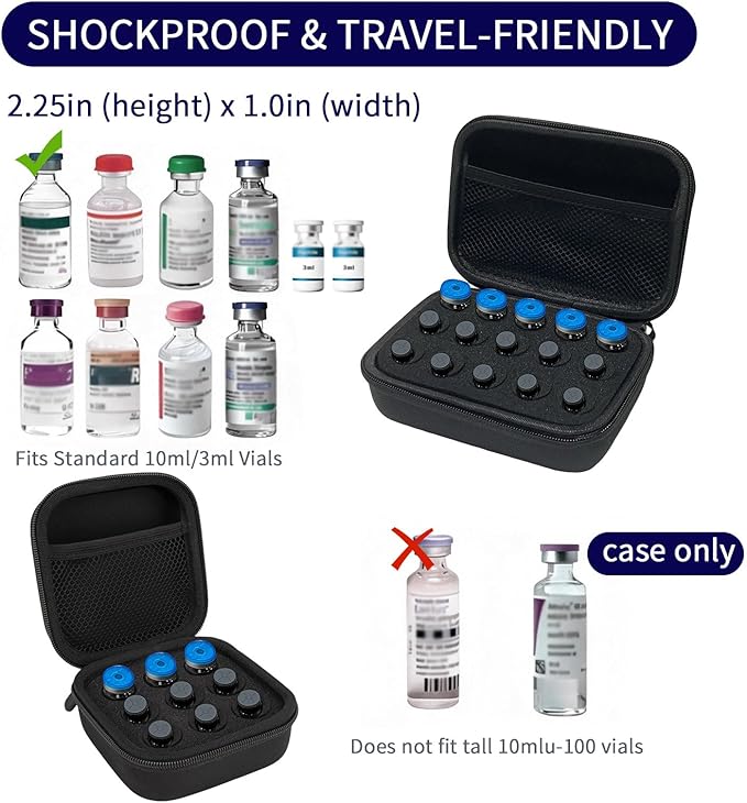 Insulin Vial Case for Travel, Fits 10ml/3ml Bottles, Hard Shell Insulin Bottle Storage Organizer with Foam Slots & Mesh Pocket, Diabetic Supplies Organizer for Home and On-The-Go (9 Slots)
