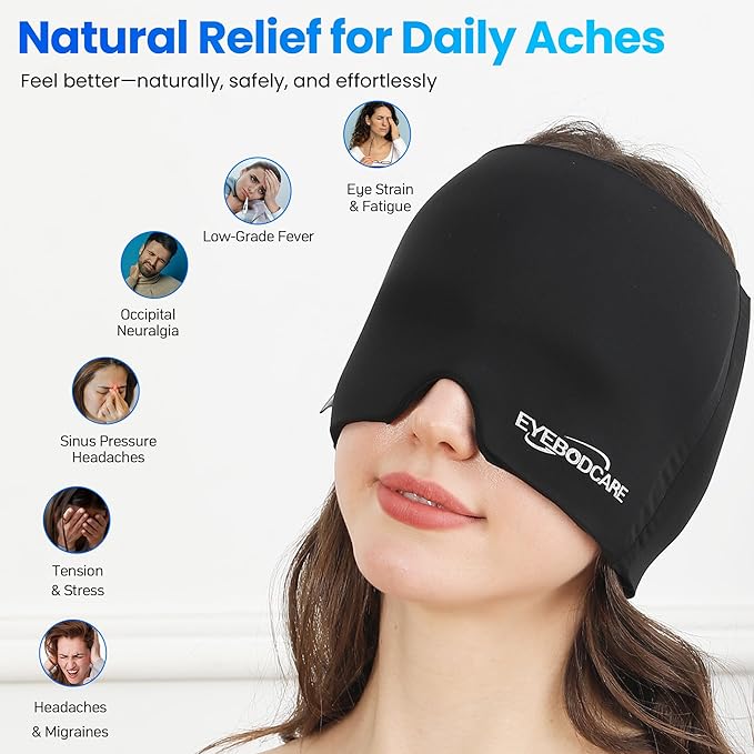 2 Pack Migraine Relief Cap, Reusable Headache Relief Cap with Hot & Cold Therapy, Soothing Headache Hat, Odorless Gel Ice Head Wrap for Tension, Stress, Sinus & Headache, Black