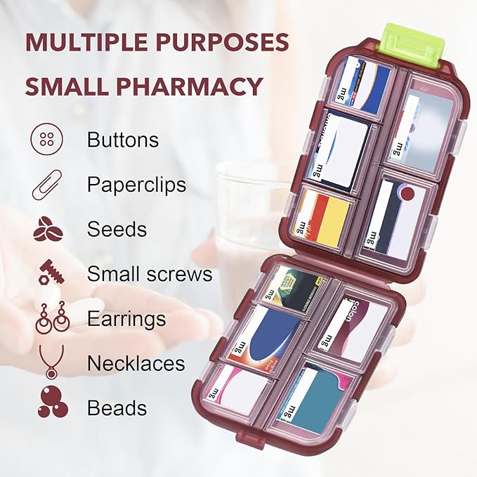 Medicine Pill Organizer With 189 Labels, 10 Compartments Travel Pill Box, Mini Case, Compact Container for Purse (Brown)