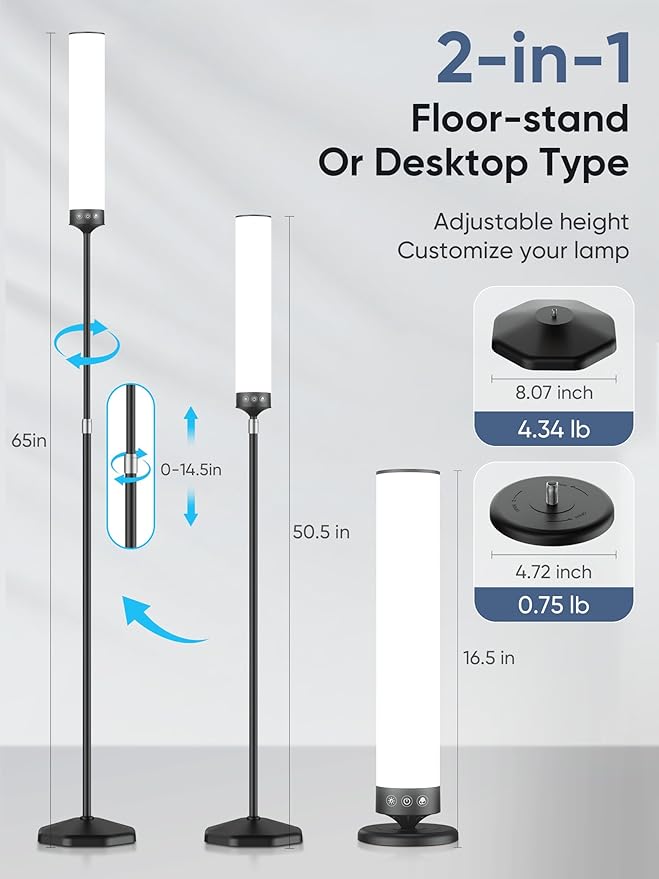 Light Therapy Lamp 10000 Lux Happy Therapy Light with Remote, 2-in-1 Pedestal to Tabletop Full Spectrum Daylight Lamp with Adjustable Color/Brightness/Timer, Memory Function,36W, Dull Black