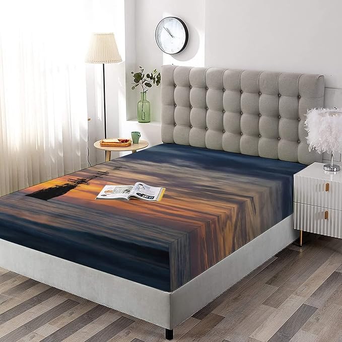 Decorative Fitted Sheet Set Full Size, Nautical Deep Pockets Fitted Sheet & 2 Pillow Sham Set(No Flat Sheet), Ocean Sunset Dramatic Sky Printed Microfiber Bedding 3pc Set, for Kids & Adults Bedding