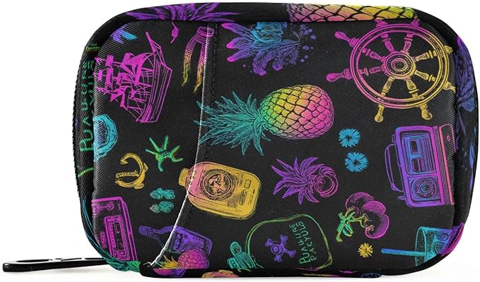 Neon Ships Pineapple Skull Black Travel Pill Organizer Case Box Container Weekly Portable Vitamin Medicine Holder Storage Bag with Zipper Removable