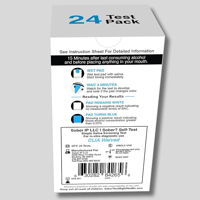 FDA Cleared Saliva Alcohol Test Strip, Highly Accurate BAC Self‑Test, 2–3 Minute Results, Portable & Discreet Sober Test Anywhere (24 Pack)