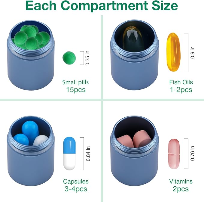Opret Keychain Pill Holder, 3 Compartments Metal Small Pill Case, Waterproof Portable Travel Pill Box, Pill Container for Purse (Blue)