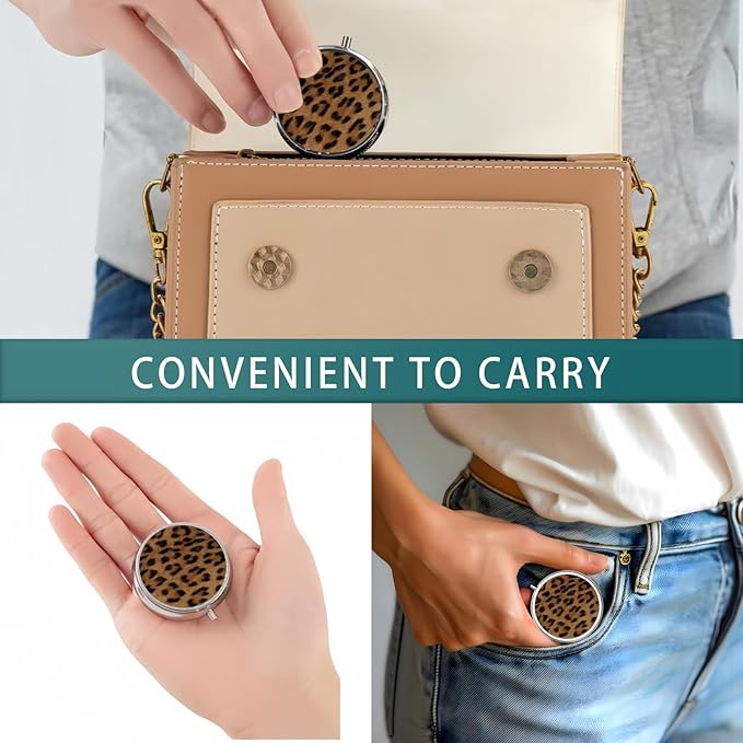 Pill Box 3 Compartment Pocket Small Pill Organizer Mini Metal Pill Holder Travel Portable for Man Woman Old People - Brown Leopard