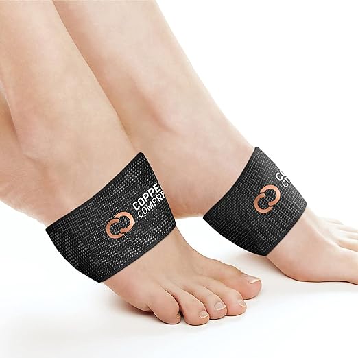 Copper Compression Padded Arch Support Sleeves. Targeted Compression for Plantar Fasciitis Symptoms, Pain, Flat Feet & High Arches. Breathable Support for Men & Women - Black