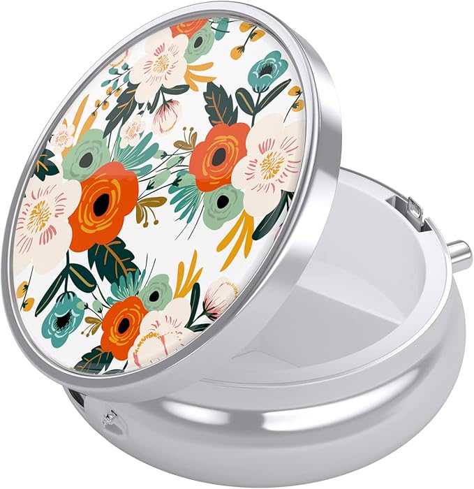 Nipichsha Pill Box, Small Pill Case for Purse & Pocket, Cute Travel Medicine Organizer, Portable Medicine Container Holder to Hold Vitamins, Medication, Fish Oil & Supplements, White Flowers