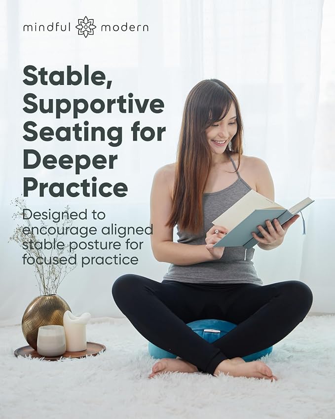 Mindful Modern Velvet Meditation Cushion | Luxe Zafu Yoga Floor Pillow Seat | Posture Support | Buckwheat Hull Filled | Large Round Cushion with Removable Washable Cover + Carry Handle