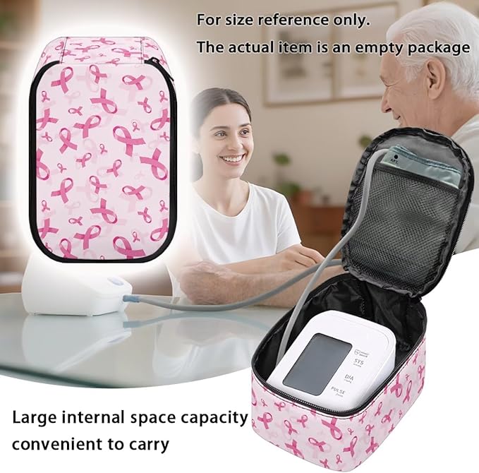 Breast Cancer Awareness Ribbon Blood Pressure Monitor Case Travel Portable Carrying Case for Blood Pressure Monitor with Zipper and Mesh Pockets