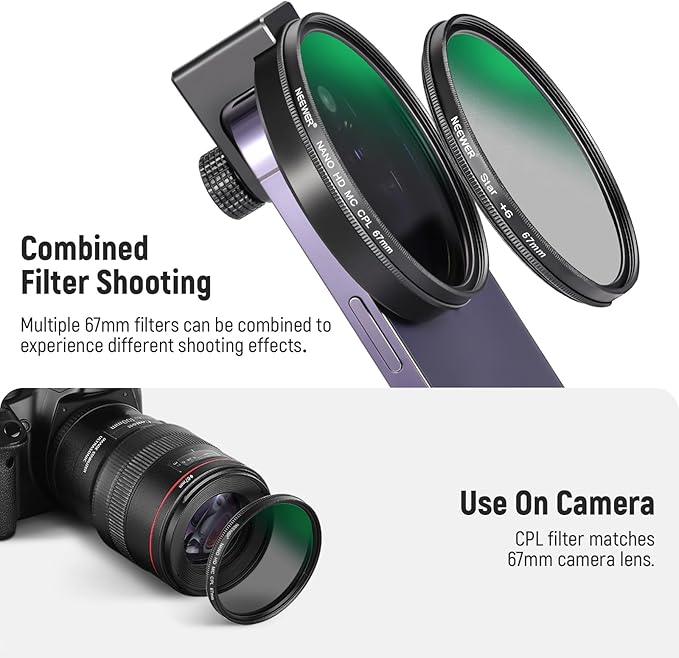 NEEWER 67mm CPL Filter for Phone, Circular Polarizing Camera Lens Filter with Cold Shoe Clip Compatible with iPhone 17 16 16e 15 Pro Max Plus 14 13 Android Samsung Galaxy S25 Ultra, FL-27