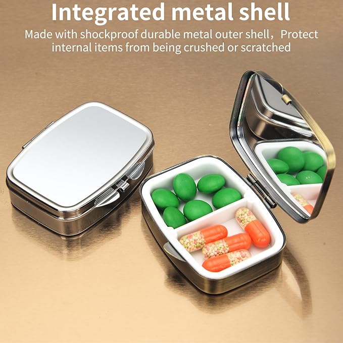 Small Pill Case,(2 Pack) 2 Compartment Pill Box with Mirror Portable Pill Box for Purse, Mini Pill Container Medicine Case for Vitamin, Cod Liver Oil, Supplement (Silver, Bronze)
