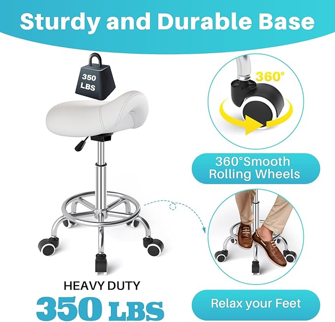 YEEZEE Saddle Stool Ergonomic- Comfortable Rolling Saddle Stool with Wide Thick Saddle Seat Padding, Swivel Adjustable Saddle Chair with Wheels and Ring Pedal for Medical Massage Salon (Classic White)