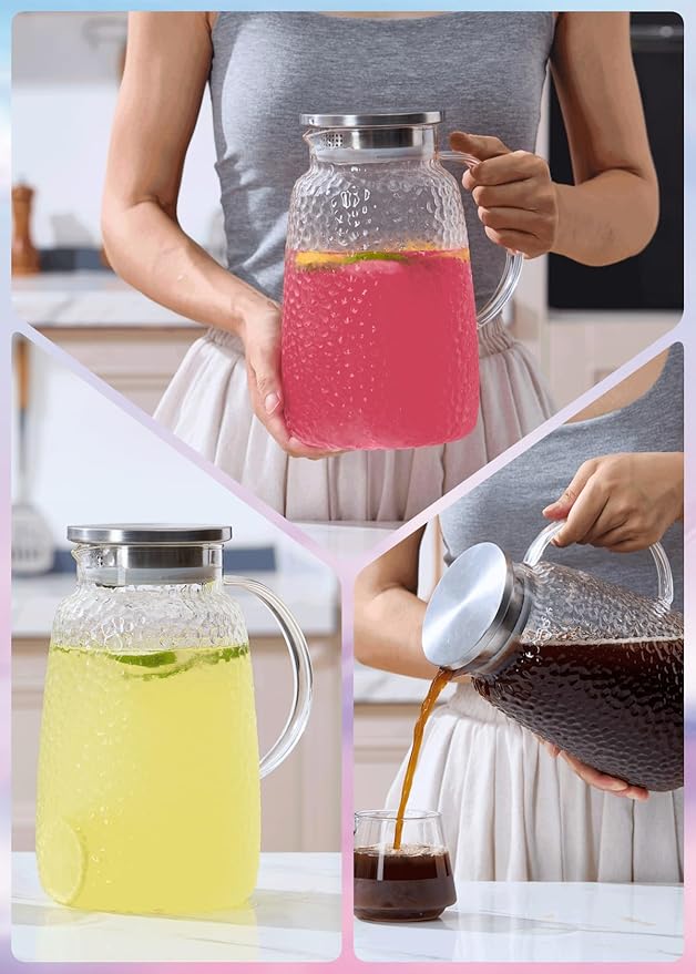 Purefold 105 oz Glass Water Pitcher with Lid, Heat Resistant Borosilicate Jug for Iced Tea, Juice, Milk, Cold or Hot Beverages, Large Caliber Pitchers Easy Clean